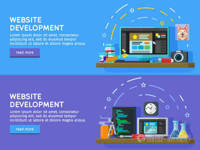 平面顏色集橫幅網絡工作室的設計概念。網站開發,網頁設計?，F代平面設計中的 Web 橫幅,網站元素。編程和編碼。矢量圖